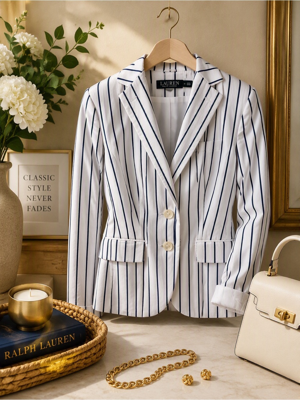 Ralph Lauren White Blazer with Navy Stripes